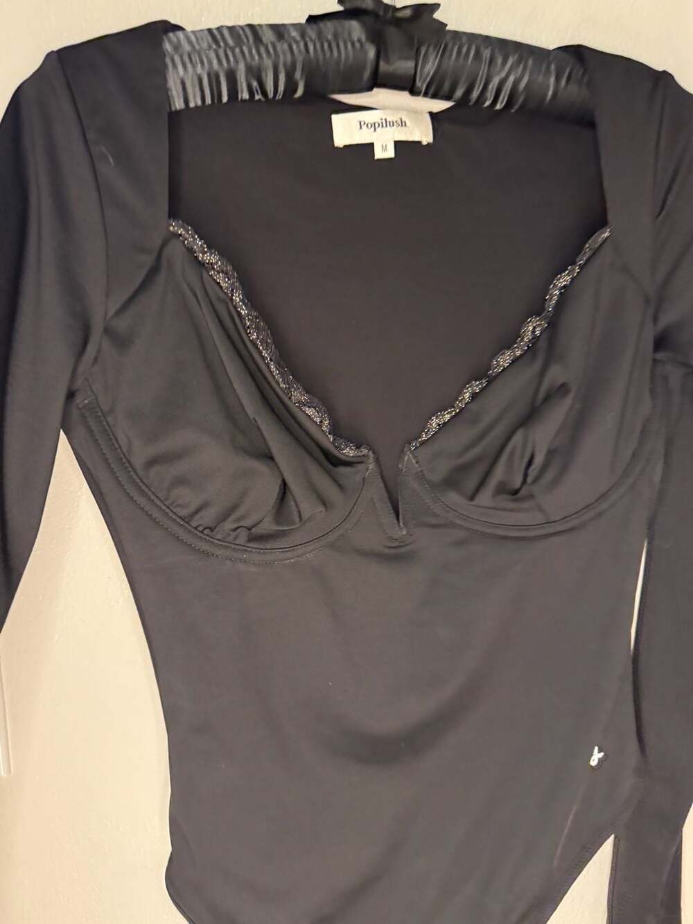 Popilush Long Sleeve Deep V-Neck Lace Trim Underwire Shapewear Bodysuit
